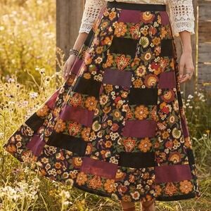 Vintage 70s Velvet Patchwork Wrap Maxi Skirt Bohemian Hippie Florals Festival‎